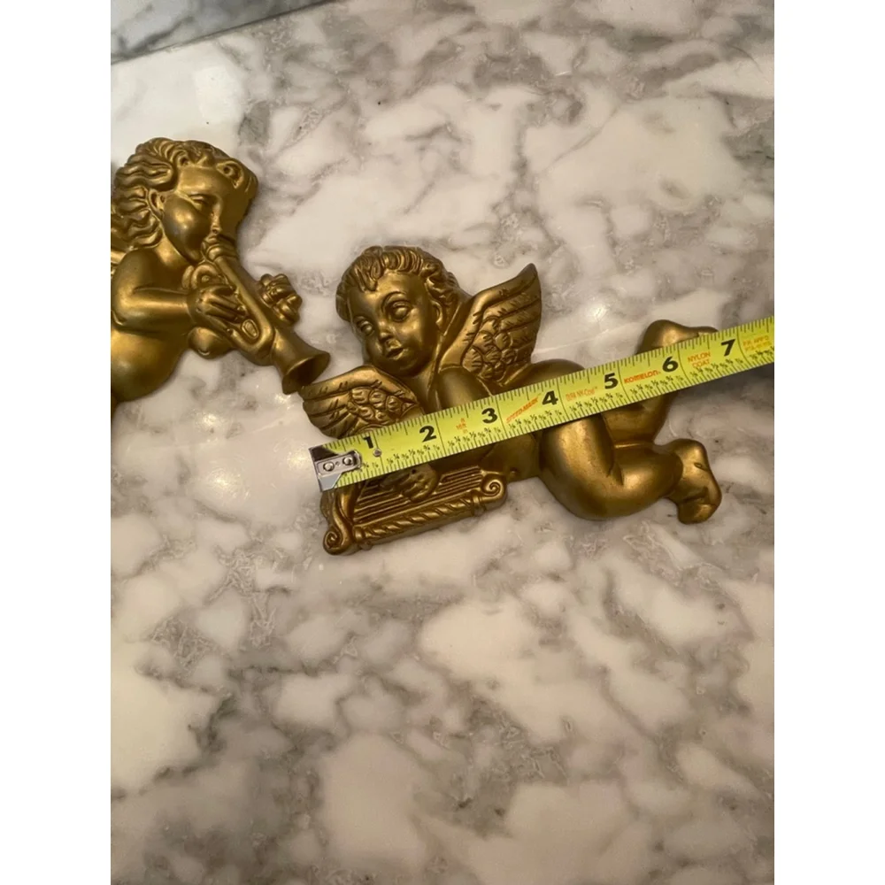 VTG Gold Wood Cherub Wall Plaques Set 2 Angels Playing Horn & Lyre 8” Christmas